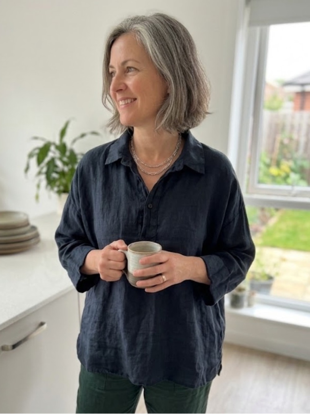 CP Shades 100% Linen Casual Navy Linen Button-Up Top